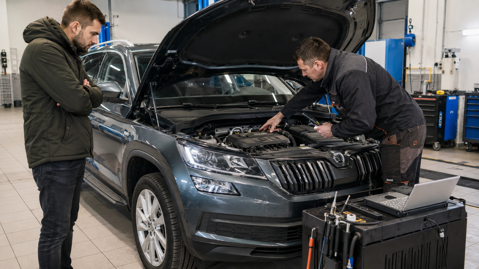 Перевірка дизельного Skoda Kodiaq у сервісному центрі перед купівлею.
